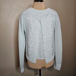 Vintage Moschino Cheap and Chic Beaded Angora Wool Twin Set Blue Medium